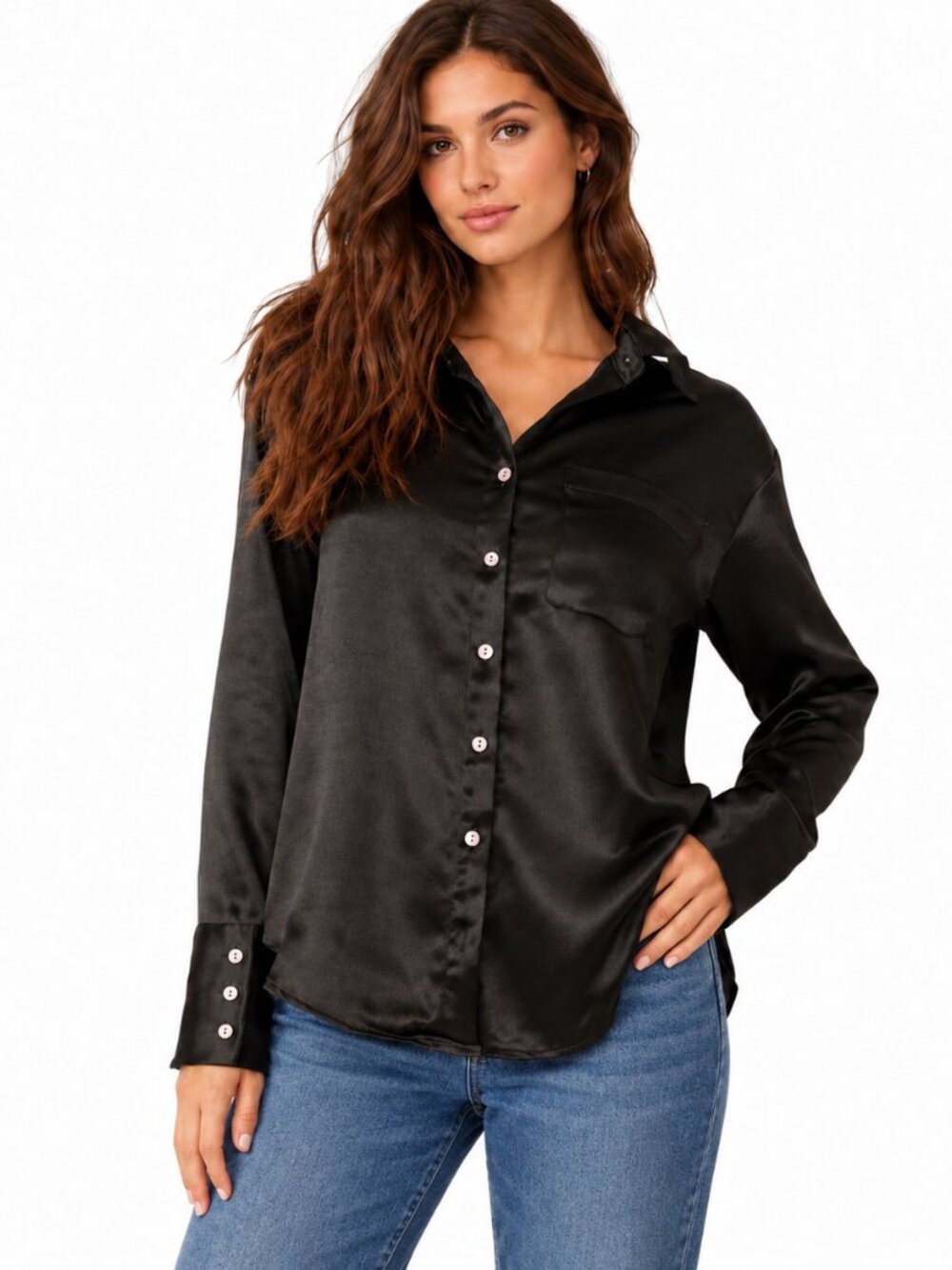 Free People Shooting for the Moon Black Satin Button Down Shirt X-Small